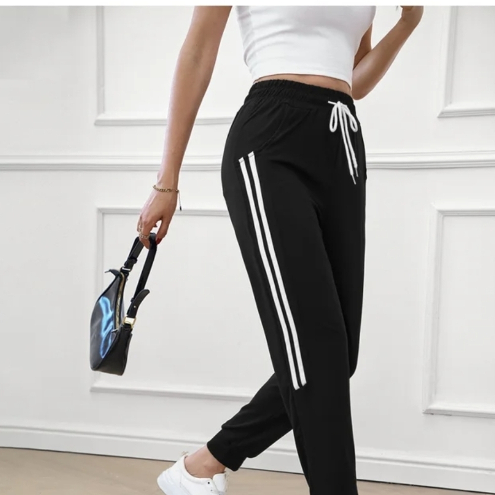 Sz 2X Women's Black Jogger Pants White Stripes Thin Sweat Pants Yoga Workout